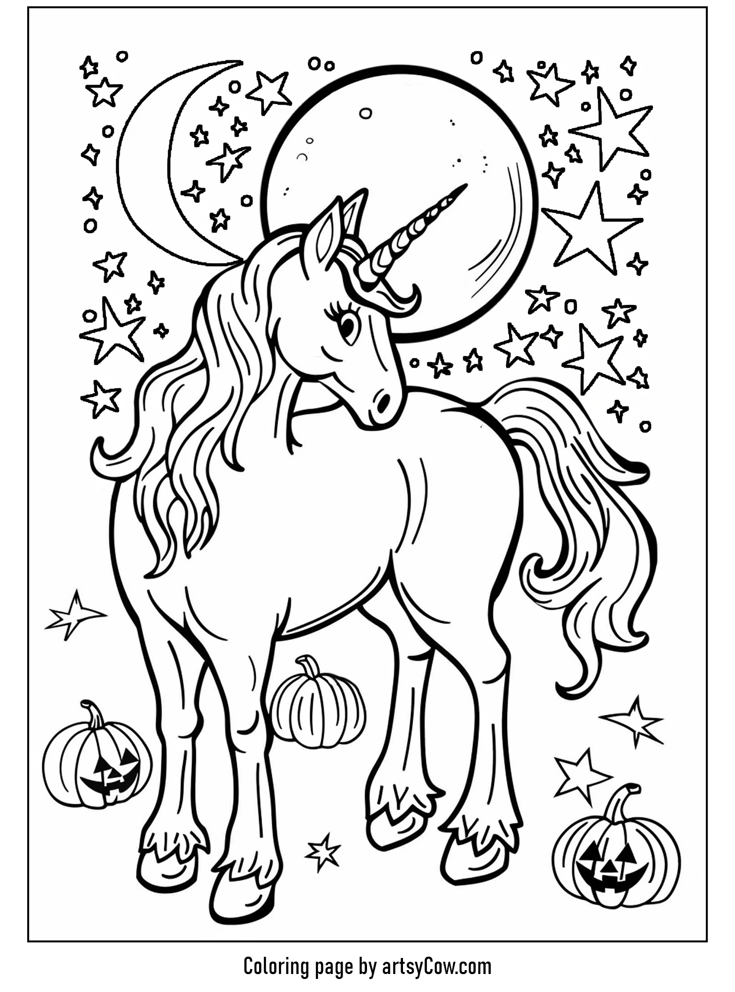 halloween coloring pages with unicorn featuring a majestic unicorn under a large full moon surrounded by stars and Halloween pumpkins.